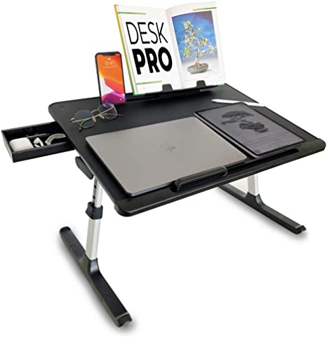 Cooper Desk PRO [XL Adjustable Folding Laptop Desk] - Height & Tilt Angle | Leather Top for Work, Study, Bed | Reading Stand, Drawer (Midnight Black)