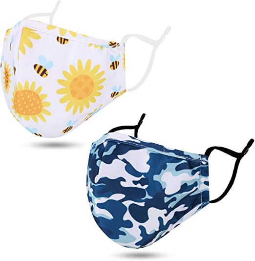 Multi Pack Adjustable Child Children Face Madks with Nose Wire and Ear Loops, Fashion 2 Ply Kids Face Madks Reusable Washable Breathable, 2-7T, Bee Flower/Camo Blue