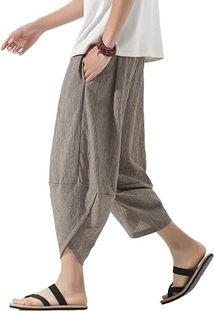 Men's Harem Capri Pants, Wide Leg Mens Capris, Summer Linen Pants