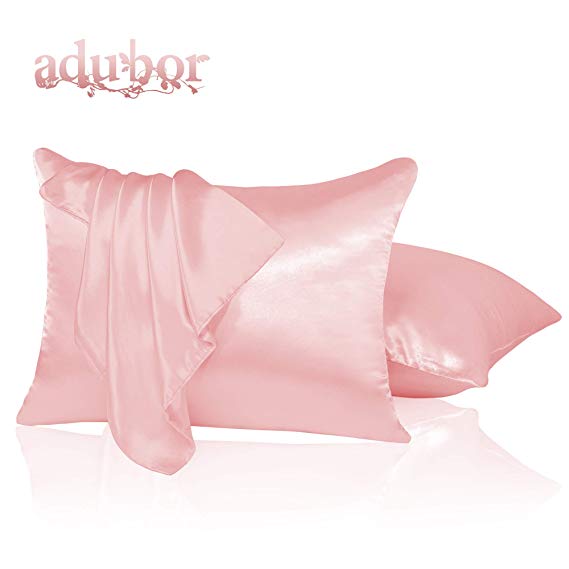 Adubor Satin Pillowcase 2 Pack Silky Pillow Cases for Hair and Skin, Hypoallergenic Anti-Wrinkle, Super Soft and Luxury Pillow Cases Covers with Envelope Closure (20''X30'', Light Pink)