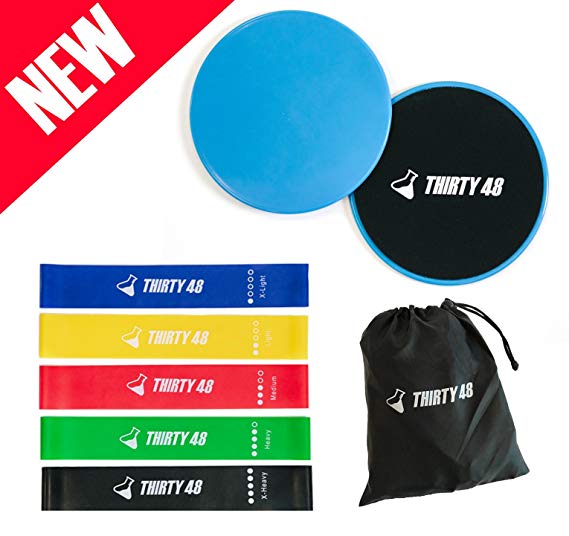 Thirty 48 Gliding Discs Core Sliders and 5 Exercise Resistance Bands | Strength, Stability, and Crossfit Training for Home, Gym, Travel | User Guide & Carry Bag