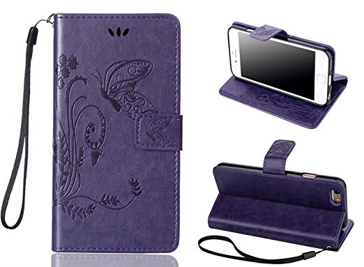 iPhone 6S Plus 5.5-inch Case, Welity Vintage Butterfly Flip Folio PU Leather Kickstand Wallet Purse Case with Wristlet & Credit Card Slots Cash Holder for Apple iPhone 6 / 6S Plus 5.5-inch (Purple)