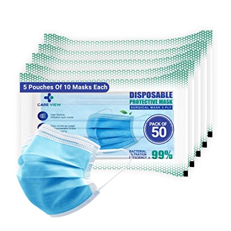 Careview 3 Ply 50 Pcs (Pouches of 10) Disposable Face Masks, with BFE&gt;99% and PFE &gt; 95%, SITRA, DRDO, ISO and CE Certified (CV2992P)