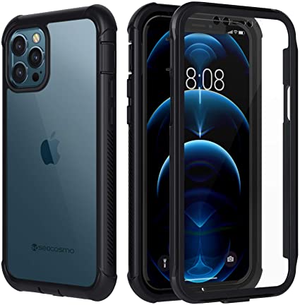 Seacosmo iPhone 12 Pro Max Case, [Built-in Screen Protector] Full Body Clear Bumper iPhone 12 Pro Max Phone Case Rugged Shockproof Protective Case Cover for iPhone 12 Pro Max 6.7-Inch (2020), Black
