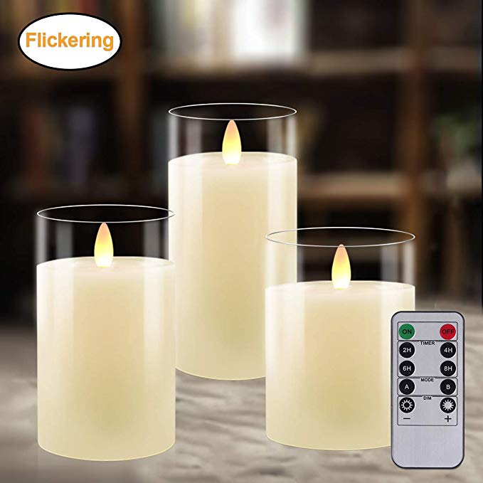 Flameless Candles Glass Votive Candles Battery Operated Lights LED Tea Light Flickering LED Realistic Tealights Real Wax with Timer Amber Yellow Flame Holiday Decorations 3 Packs