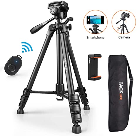 Tripod, 60-Inch Aluminum Camera/Phone/Travel Tripod, Max Load of 11 Lbs, 360 Degree Swivel with Wireless Bluetooth Remote, Universal Smartphone Mount, 1/4 Inch Screw Mount, Portable Bag - MLT02