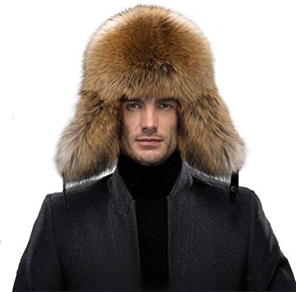 Men's Fur Hat - Winter Real Raccoon Fur Cap Fox Fur Genuine Leather Russia Aviator Hats