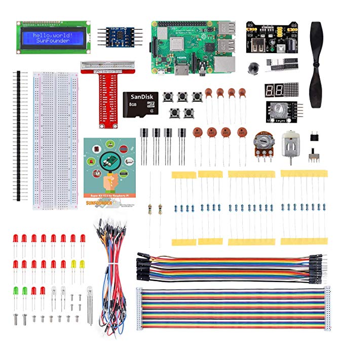 SunFounder Raspberry Pi 3 Model B  Starter Kit Project Super Kit for RPi 3B  3B 2B B  A  Zero Including GPIO Breakout Board Breadboard LCD DC Motor LED RGB Dot Matrix, Raspberry Pi 3 Model B  Board In