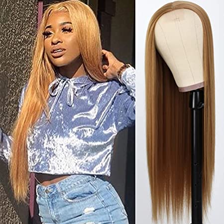 QD-Tizer Long Straight Honey Blonde None Lace Wigs for Fashion Women Heat Resistant Synthetic Hair Wigs Natural Soft Hair