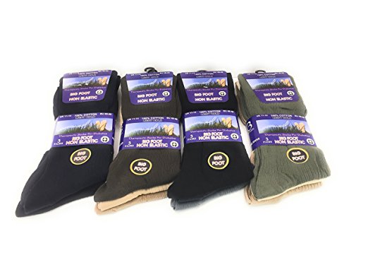 Mens 100% Cotton Diabetics Black and Assorted Non-Elastic Socks, Mens Soft Top Rib Socks, size UK 6-11 and 11-14 Bigfoot available in 3/6/12 pair packs
