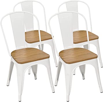 Metal Dining Chairs with Wood Seat Set of 4 White Stackable Industrial Metal Restaurant/Bistro/Cafe/Trattoria/Bar Side Chairs