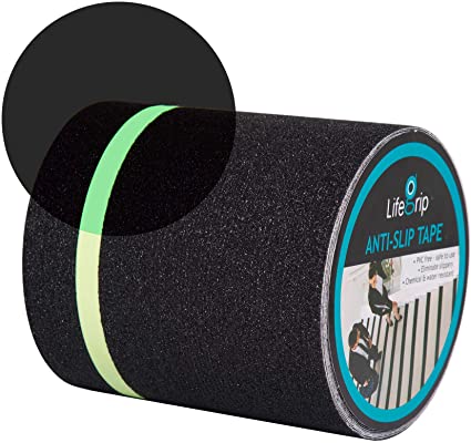 Anti Slip Traction Tape with Glow in Dark Green Stripe, 6 Inch x 33 Foot - Best Grip, Friction, Abrasive Adhesive for Stairs, Tread Step, Indoor, Outdoor, Black (6" x 33')