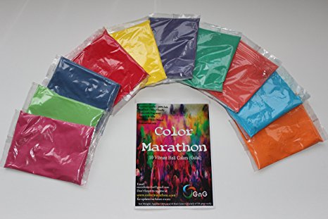 ColorMarathon Holi color powder 10 pack of 50 grams each for Holi party, color run, birthday party, photo shoot, color fight, gender reveal, Pink, Blue, light blue, green, red, yellow, purple, dark green, orange, Vermillion
