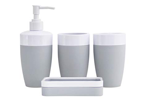 JustNile Royal Plastic and Rubber 4-Piece Bathroom Accessory Set; Includes 2 cups, 1 Soap Dispenser and 1 Soap Dish - Grey and White