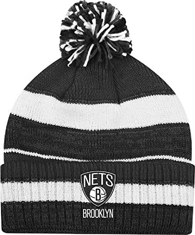 adidas Brooklyn Nets Striped Knit Cuffed Pom Knit Cap/Beanie