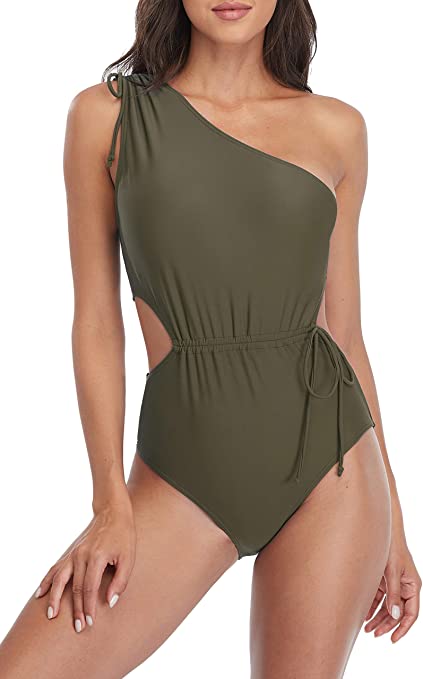 Sociala Cut Out One Piece Swimsuits for Women One Shoulder Bathing Suits Padded Monokini Swimwear