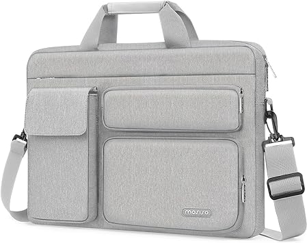 MOSISO Laptop Shoulder Messenger Bag Compatible with MacBook Air/Pro,13-13.3 inch Notebook,Compatible with MacBook Pro 14 inch with 2 Raised&1 Flapover&1 Horizontal Pocket&Handle&Belt, Gray