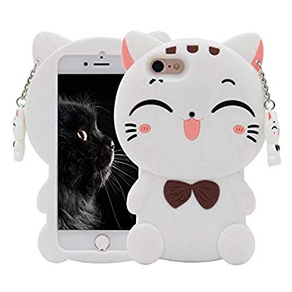 iPhone 4 4S Case,Awin 3D Lucky Fortune Cat with Cute Bow Tie Soft Silicone Rubber Case for iPhone 4 4S (White Fortune Cat)