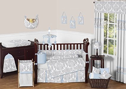 Sweet Jojo Designs Blue, Gray and White Avery Damask Print Girl or Boy Baby Bedding Collection Unisex 9pc Crib Set