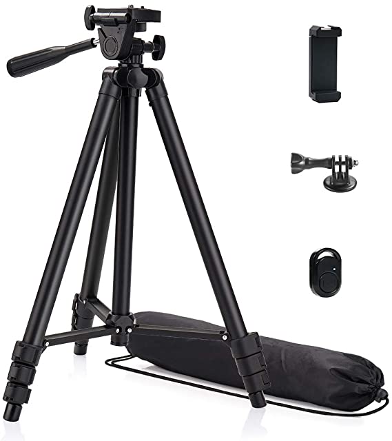 Phinistec 50” Tripod Stand for Phone and Camera, Smartphone, Gopro with Universal Cellphone Mount, Bluetooth Remote Shutter and Gopro Adapter with Carry Bag (Matte Black)