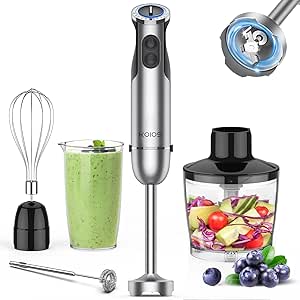 KOIOS Immersion Hand Blender, 5-in-1 Hand Blender with Entire Stainless Steel Blender Shaft, Full Copper Motor, Built in 12 Speed Turbo Stick Blender, Handheld blender for Baby food, Smoothies, Soups