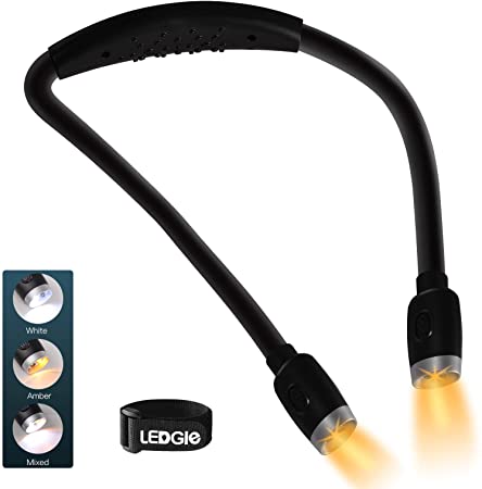 LED Book Light, LEDGLE Rechargeable Amber Neck Reading Light for Reading in Bed, Hands Free Flexible Hug Lamp with Soft Bendable Arms, 3 Colors Adjustable for Working, Knitting, Camping, Repairing
