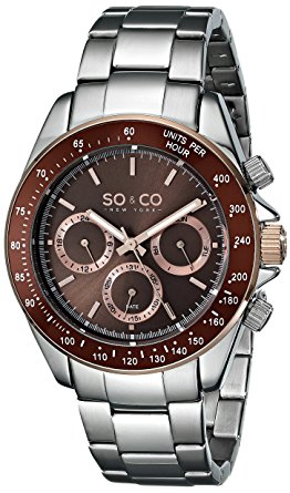 SO&CO New York Men's 5010B.4 Monticello Quartz Day and Date Tachymeter GMT Brown Dial Stainless Steel Linlk Bracelet Watch