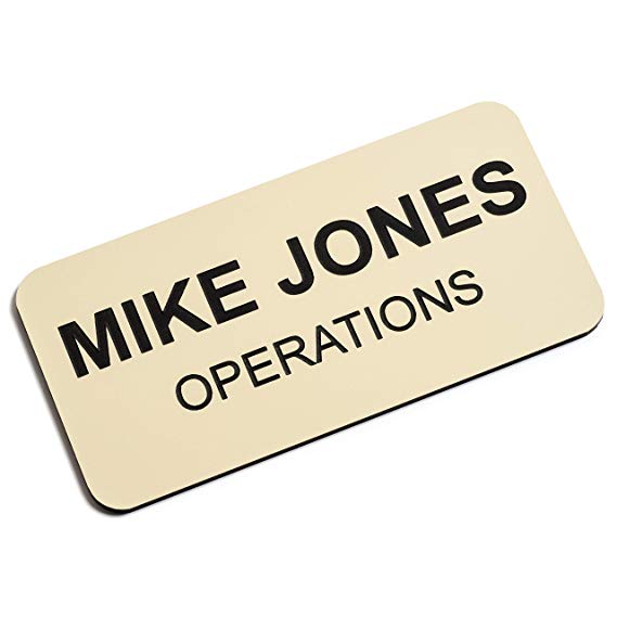 Custom Engraved Name Tag Badges – Personalized Identification with Pin or Magnetic Backing, 1.5 Inches x 3 Inches, Almond/Black