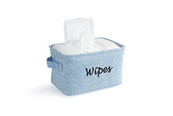Dejaroo Baby Wipe Storage Bin - Nursery Organizer Caddy - Embroidered Eco-friendly Linen (BLUE)
