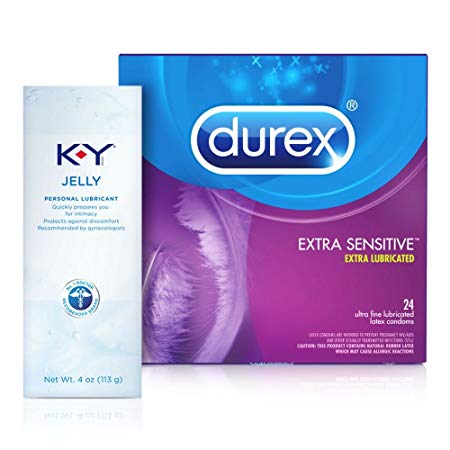 K-Y Jelly 4 oz Personal Lubricant and Durex 24 Count Extra Sensitive Natural Latex Condoms (Ultra Fine & Extra Lubricated) 1 ea