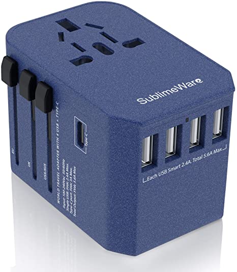 Power Plug Adapter - International Travel (w/5 USB Ports and USB Type C)- Work 150  Countries - 220 Volt Adapter - Travel Adapter - Type C A G I A/C - UK Japan China EU Europe European