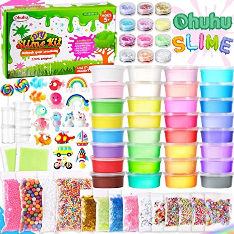 DIY Slime Kit, Ohuhu 86 Pack Crystal Clay Slime Making Kit for Girls Boys, Toy Kits with 24 Crystal Slime, 8 Light Clay, 48 jars of glitter powder, 5 empty containers, Unicorn, Glitter, Slice, Foam Balls, Sprinkles, Bead, Sugar Paper, Gifts for Kids