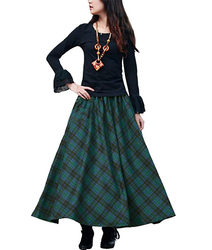 Femirah Women's Red Elastic Waist A Line Long Maxi Woolen Plaid Skirt