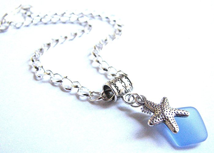 Sea Glass Anklet with Starfish Charm, Ladies Ankle Bracelet in Blue