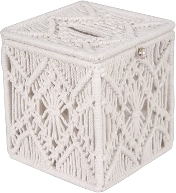 MOVNO Tissue Box Cover Square Boho Decor, Cube Paper Tissue Holder with Bead Buckle, Home Decor Macrame Napkin Tissue Organizer for Bathroom Bedroom Dresser Living Room Office, 5.7"X5.7"X6.2"