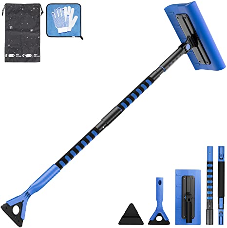 JOYTUTUS 47'' S-Type Snow Broom, Extendable Snow Brush with Foam Handle, 270° Rotatable Snow Cleaner for Car with Ice Scraper and Wiper Cleaner (Blue, with Shovel)