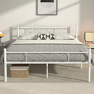 VECELO Queen Size Bed Frame with Headboard, Heavy-Duty Platform with Strong Metal Slats, No Box Spring Needed, Easy Assembly, White