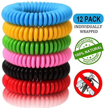 Mosquito Repellent Bracelets (12 Pack Individually Wrapped) Natural and Waterproof Wrist Bands for Adults, Kids, Pets, DEET Free, Safe for Travel Protection.