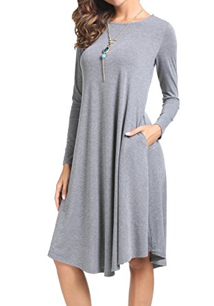 levaca Women's Plain Long Sleeve Pockets Pleated Loose Swing Casual Midi Dress