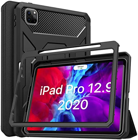 MoKo Case Fit iPad Pro 12.9 4th Generation 2020 & 2018, [Built-in Screen Protector] Full-Body Shockproof Case Smart Shell Trifold Stand Cover with Auto Sleep/Wake & Pencil Holder - Black