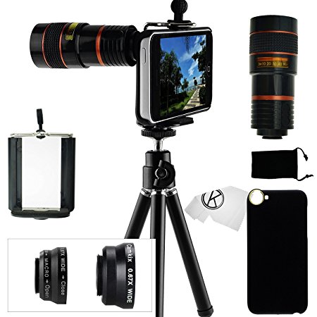 iPhone 5C Camera Lens Kit including 8x Telephoto Lens / Fisheye Lens / Macro Lens / Wide Angle Lens / Mini Tripod / Universal Phone Holder / Hard Case for iPhone 5C / Velvet Phone Bag / CamKix® Microfiber Cleaning Cloth - Awesome Accessories and Attachments for Your Apple iPhone 5C Camera
