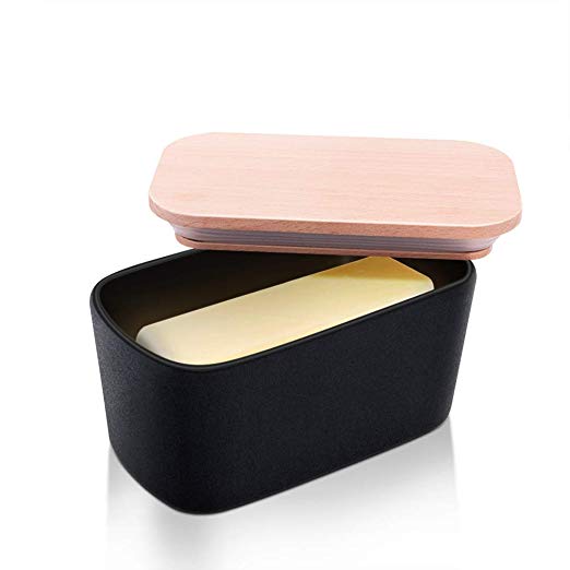 Butter Dish, Krokori Stoneware Ceramic Butter Dish Butter Container Margarine Dish with Wooden Lid Food Storage Box for Daily Use