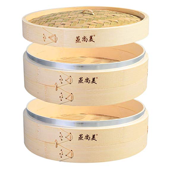 Hcooker Deepen 2 Tier Kitchen Bamboo Steamer with Stainless Steel Banding for Asian Cooking Buns Dumplings Vegetables Fish Rice