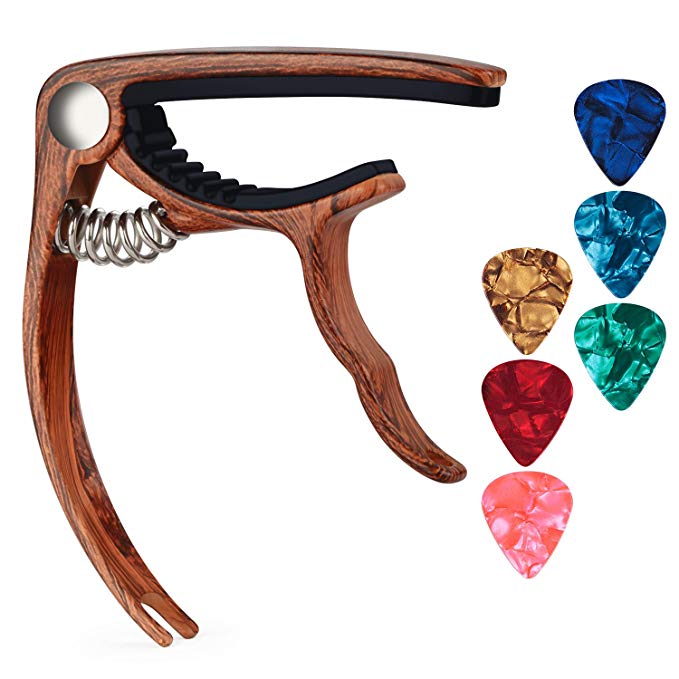 TOQIBO Guitar Capo with 6 Free Guitar Picks for Acoustic and Electric Guitars - Also Ukulele & Banjo Capos (Rosewood Color)