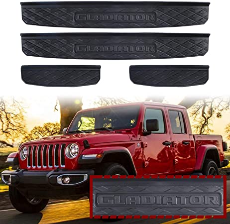 Adust Door Sill Guards Kit Compatible 2019-2020 Jeep Gladiator JT Accessories Parts, Door Entry Guard Kit, Plate Cover with Gladiator Logo (Black, 4 pcs) (Black)