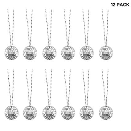 Mini Disco Ball Necklaces - 70s Dance Party Favor Decorations - 12 Pack