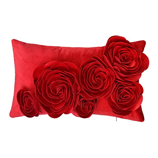JW 3D Handmade Rose Flowers Accent Pillow Cases Velvet Decorative Cushion Covers Home Sofa Car Decor Pillowslips Rectangular 12 x 20 Inch Red