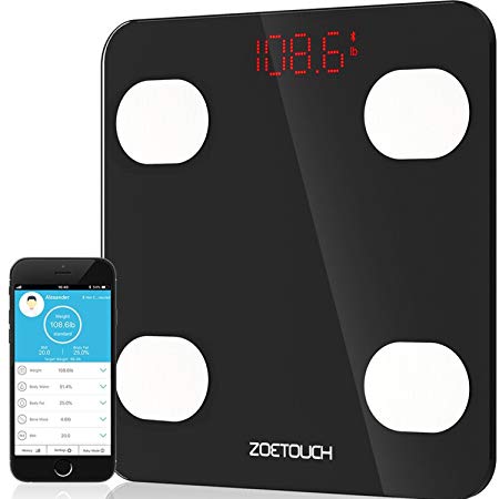 Bluetooth Body Fat Scale, ZOETOUCH Smart Digital Bathroom Weight Scale with iOS and Android APP Wireless Body Composition Analyzer Fitness Health Monitor Capacity Up to 180 kg /396 lbs, Black