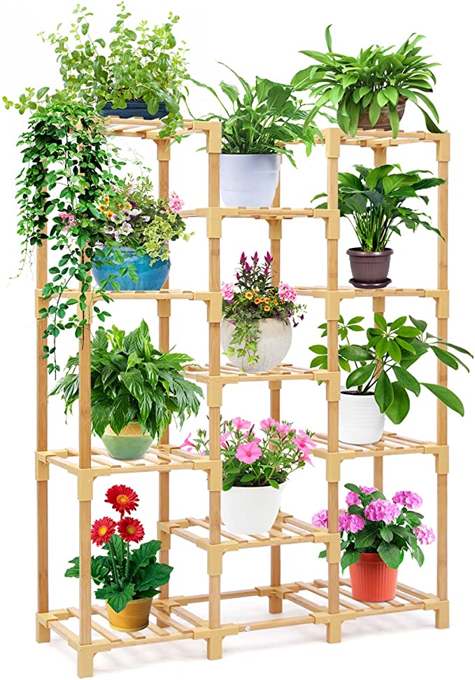 Ohuhu Bamboo Plant Stand Plants Shelf for Indoor Outdoor, Multiple 11 Pots Tiered Stands Flower Pot Holder Shelves, 100% Bamboo Floor Rack for Gardening Pots Planters for Living Room Balcony Corner