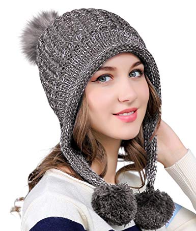 Urban CoCo Women's Winter Cable Knitted Pom Pom Beanie Hat Earflap Caps